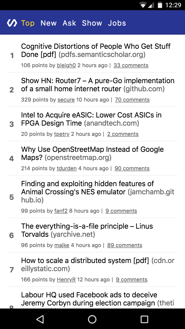 Polymer HN HN PWA running on a mobile phone